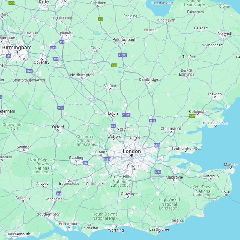 Map of south-east England and the Midlands