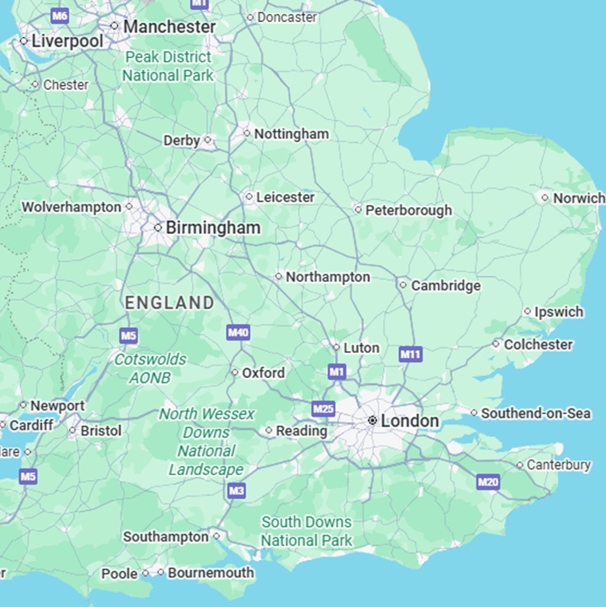 Map of south England and the Midlands