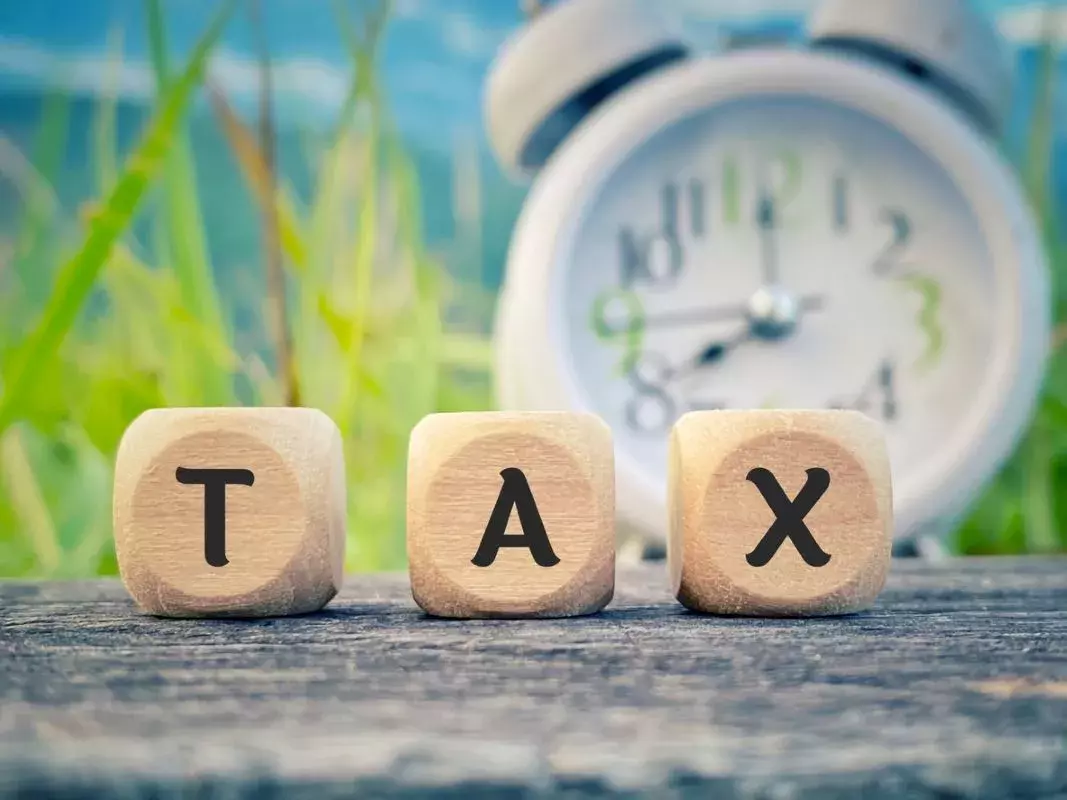 tax word on wooden cubes with nature and a clock in background