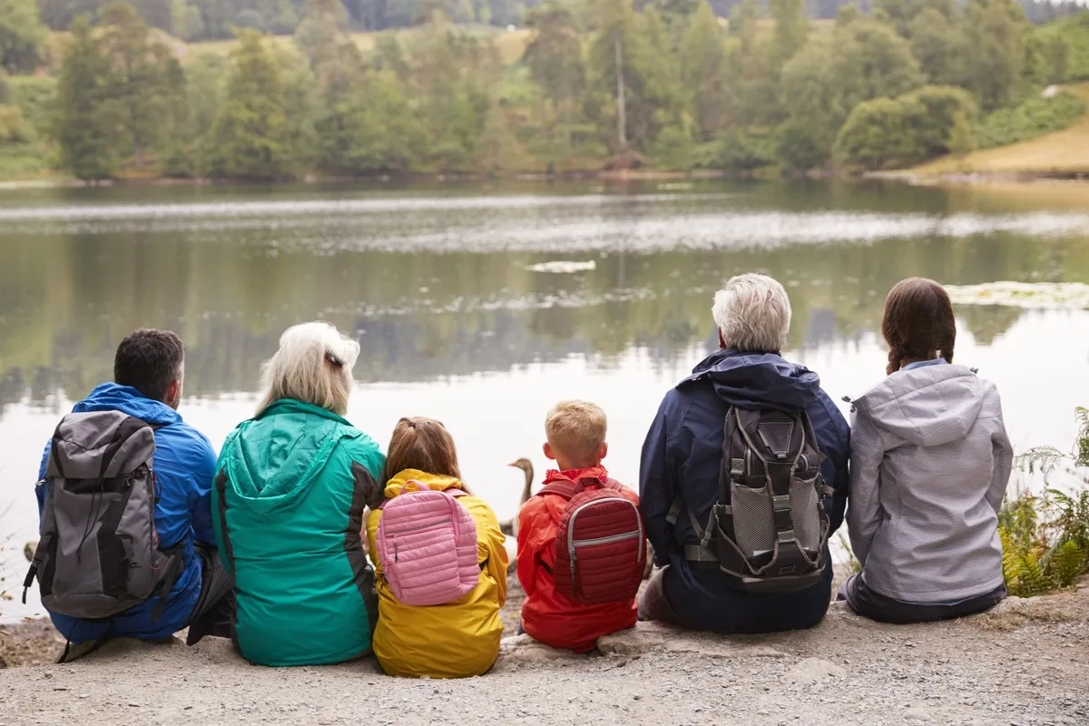 Multi generation family sitting together admiring the view on the shore of a lake, back view, Lake District, UK