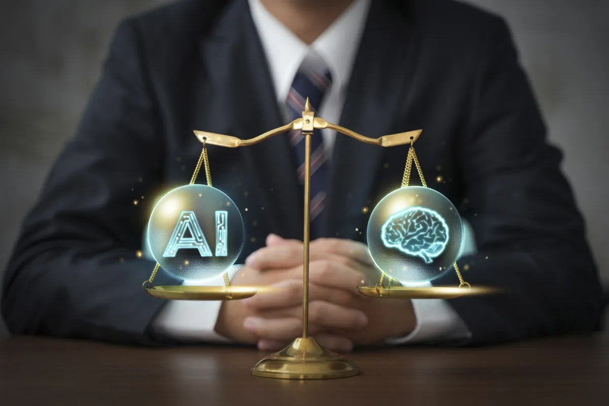 A man with a suit and a set of weighing scale in front of him with AI and a brain on the other side, equally balanced