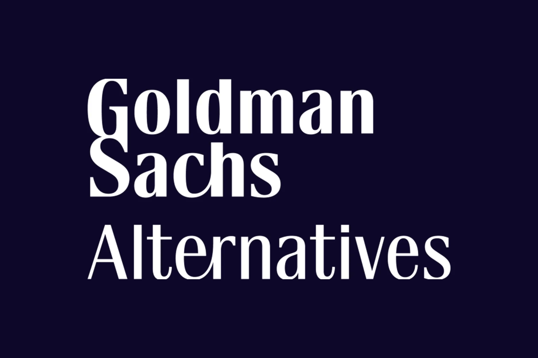 Navy blue square with white Goldman Sachs logo on in writing