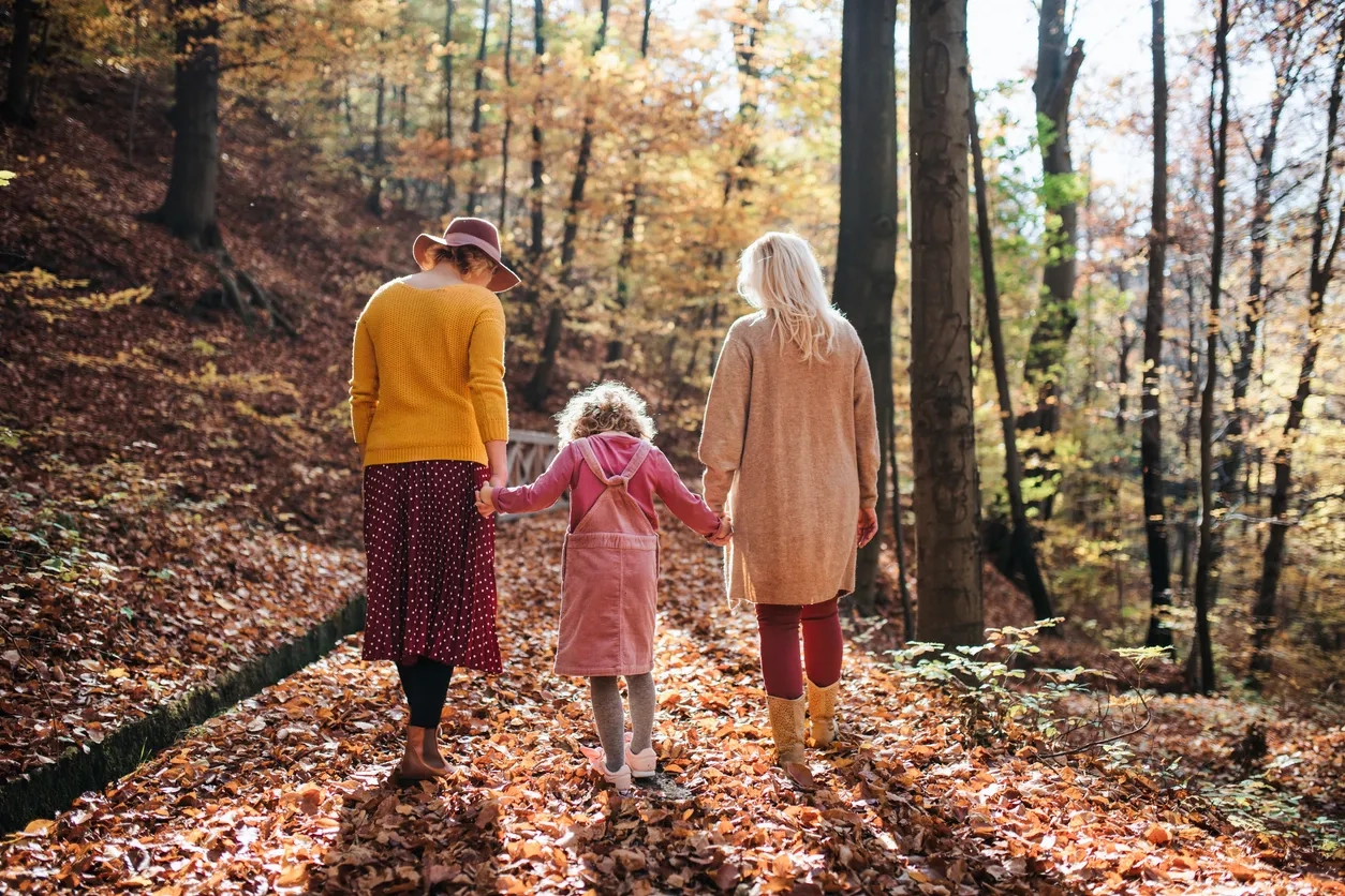 Rear view of small girl with mother and grandmother on a walk in autumn forest, holding hands