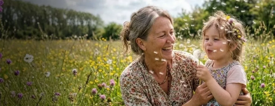 Grandmother and Granddaughter in a flower field