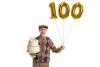 happy senior with a birthday cake and a number hundred balloon