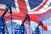 Lowering, falling graph on United Kingdom (UK) flag background - industrial illustration of United Kingdom (UK) oil industry or market concept