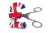 British flag pound sign being cut by scissors