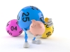 Lotto ball character holding piggy bank with coin isolated on white background