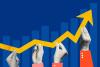 Investment graph with hands holding yellow arrow