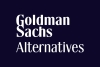 Navy blue square with white Goldman Sachs logo on in writing